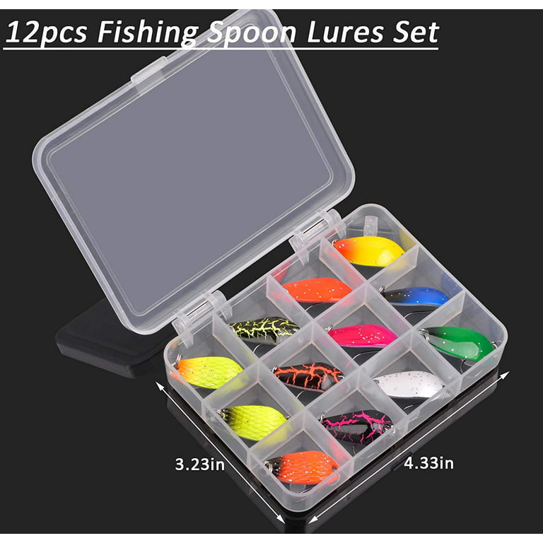 Fishing Jig Hooks Spoons Lure Baits 12pcs Trout Fishing Kit Hard Metal  Spinner Baits Fishing Jig Spoon Lures Kit with Tackle Box 