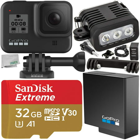 GoPro HERO8 (Hero 8) Action Camera (Black) with SanDisk Extreme 32GB microSDHC Memory Card (UHS-I / V30 / U3 / A1) & Rechargeable Underwater LED Light with Bracket