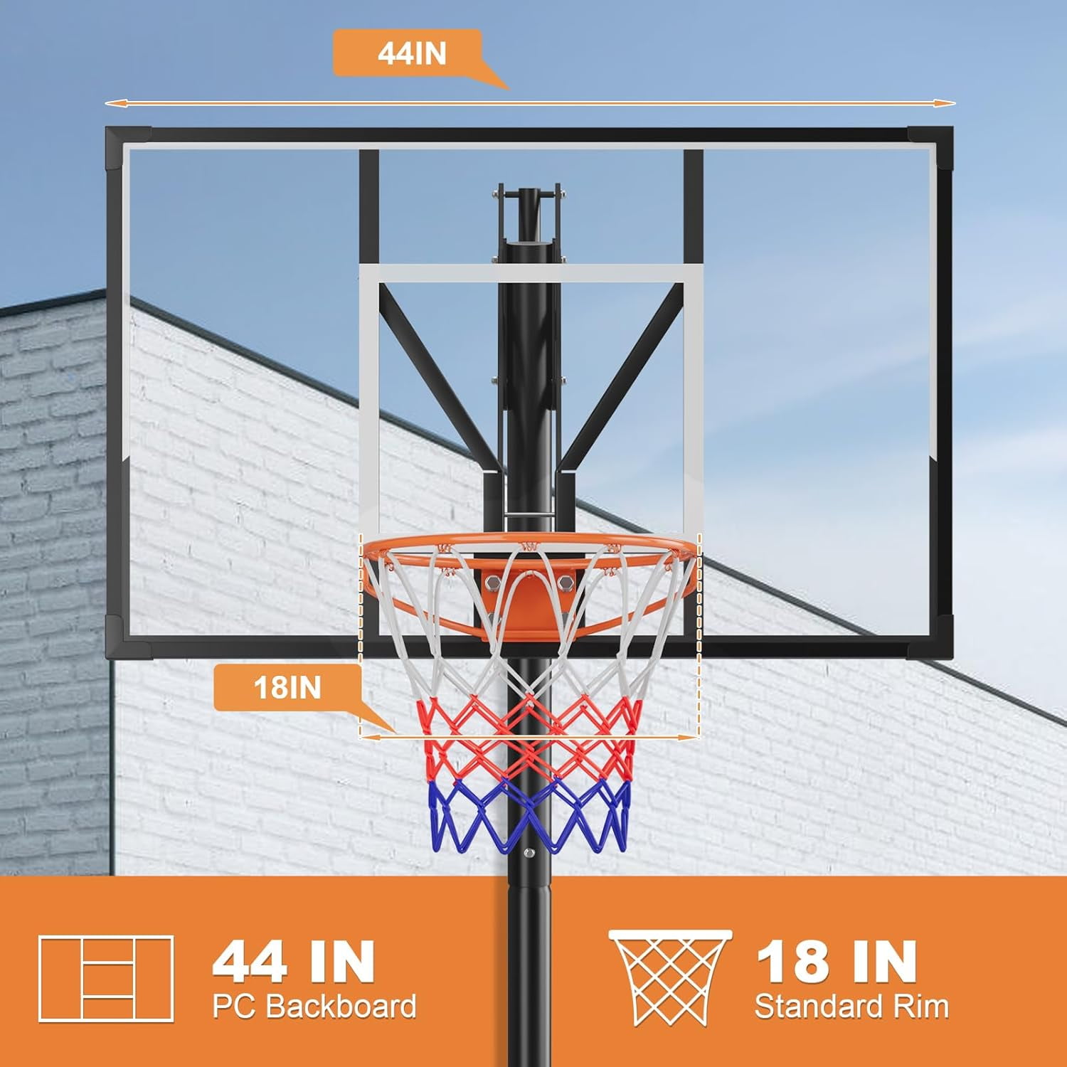 Basketball Hoop Outdoor Portable, 5-10ft Quickly Adjustable Basketball Goal System with 44 Inch PC Shatterproof Backboard & Wheels for Court/Backyard/Driveway