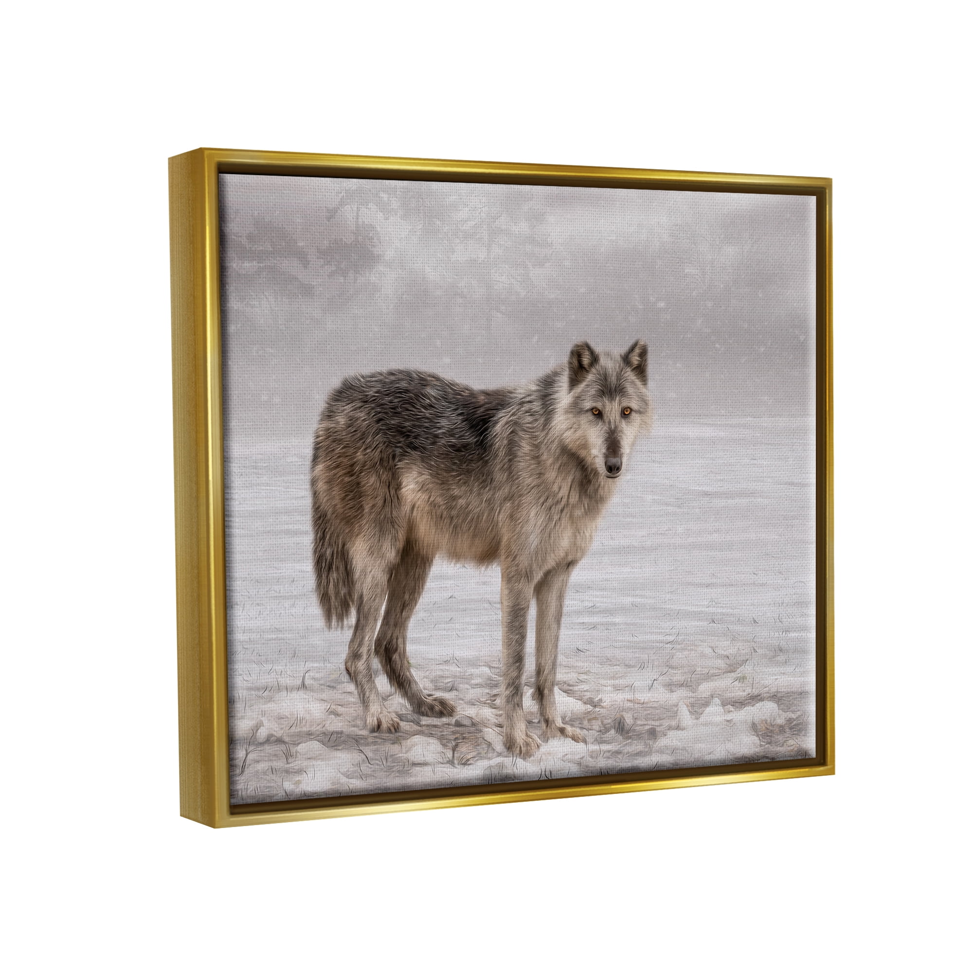 Stupell Industries Lone Coyote Wolf Snowy Field Landscape Intricate Details Graphic Art Metallic Gold Floating Framed Canvas Print Wall Art, Design by Kelley Parker