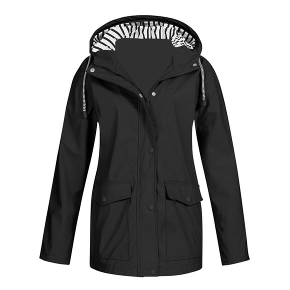 aohooy Rain Jacket Women Striped Lined Waterproof Rain Jacket Mid Length Windbreaker Plus Size Raincoat with Hood Black,S