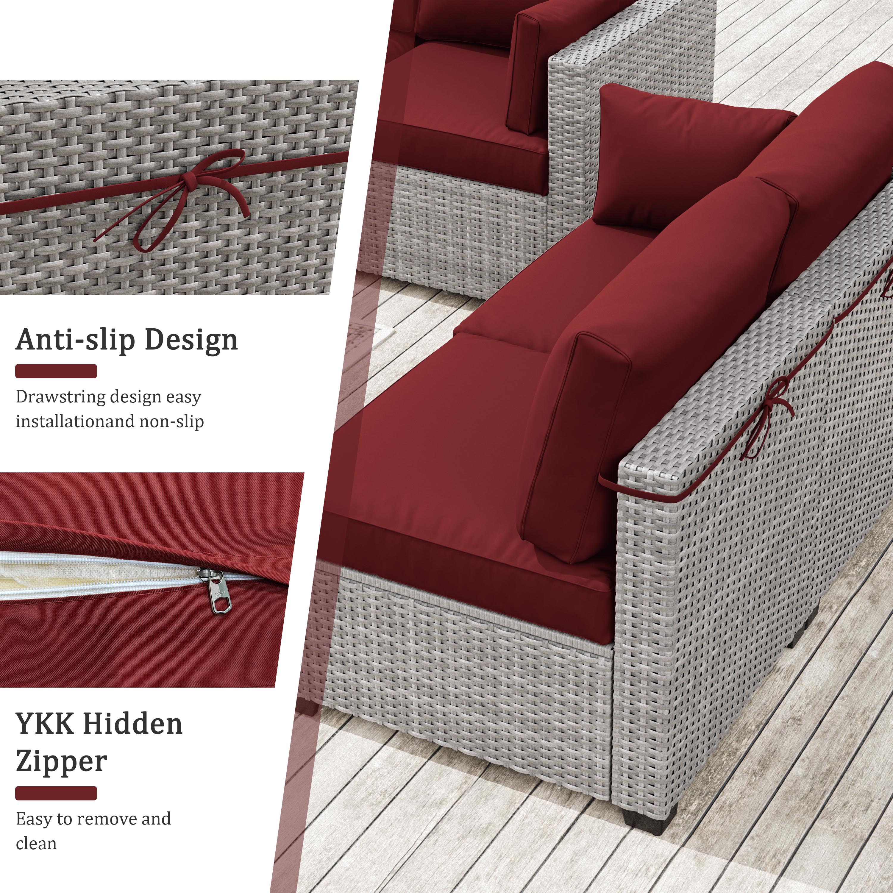 Snubbull 8-piece Patio Furniture Cushions, Replacement Outdoor Cushions for 3-Seat Sectional Sofa, Waterproof & Zipped, 25.6"*23.6"*4", Burgundy