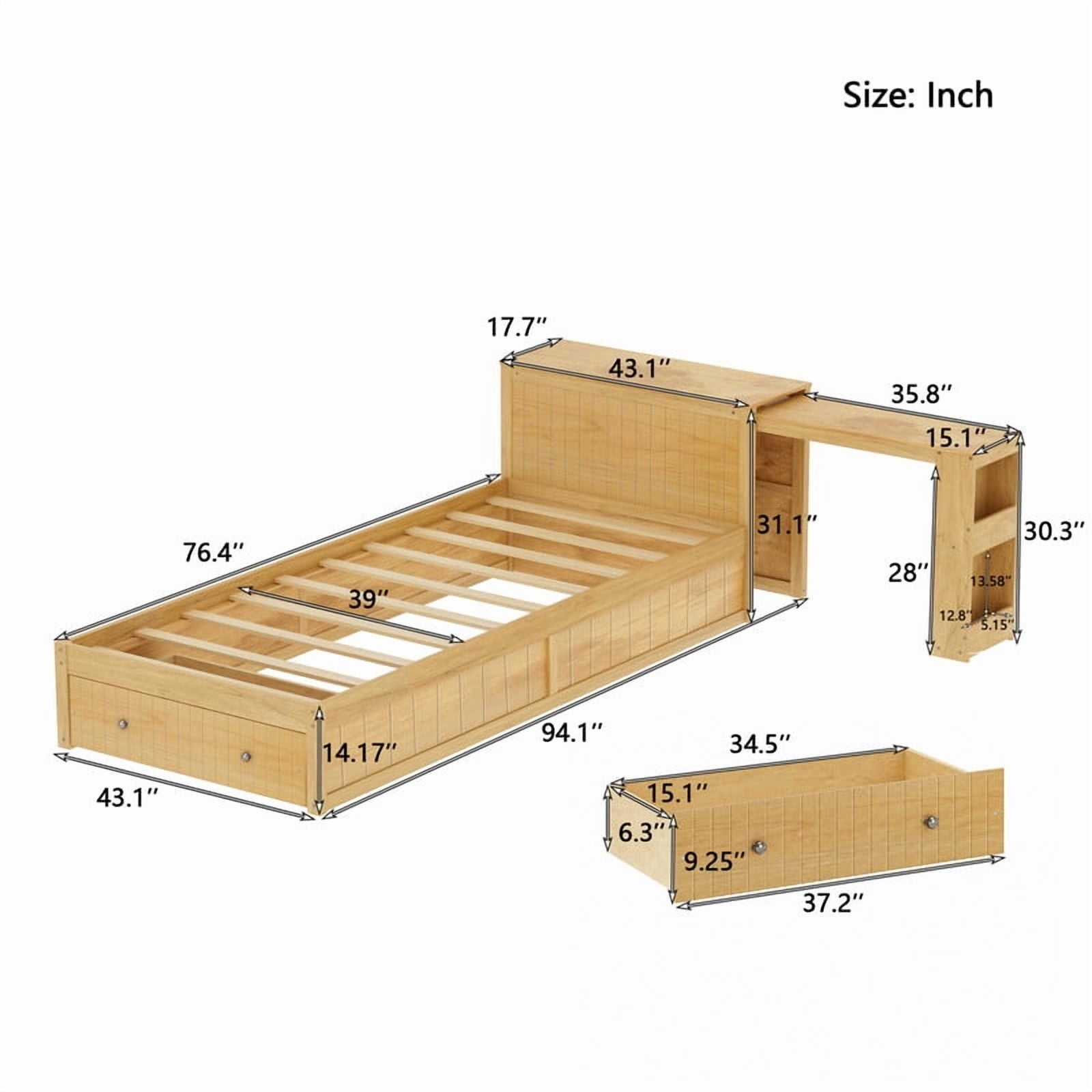 Twin Size Platform Bed with Pull-Out Hidden Desk, Wood Storage Bed Frame with Headboard Shelving & Footboard Drawer