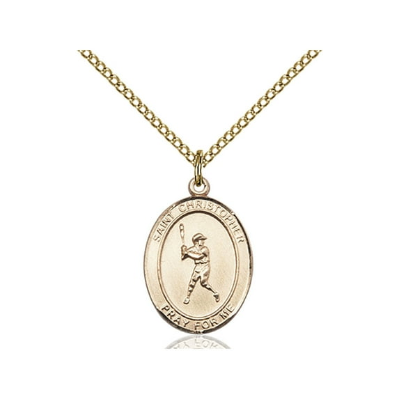 Gold Filled St. Christopher/Baseball Pendant 3/4 x 1/2 inches with Gold-Filled Lite Curb Chain