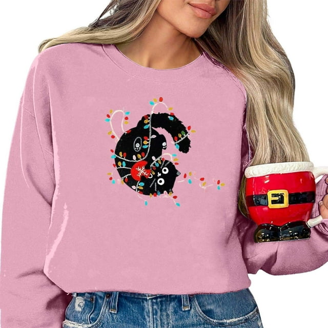 WEAIXIMIUNG Chandails en Molleton Personnalisés Design pour Femmes Mignon Imprimé de Noël Chandail à Capuchon Décontracté Manches Longues Col Rond Chandail pour Vacances