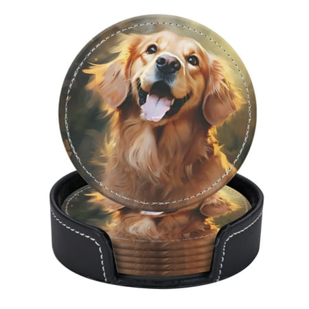

PU Leather Coasters for Drinks Bar Beer Set of 6 with Holder Round Housewarming Gift Golden Retriever Dog With Happy And Smiling Face