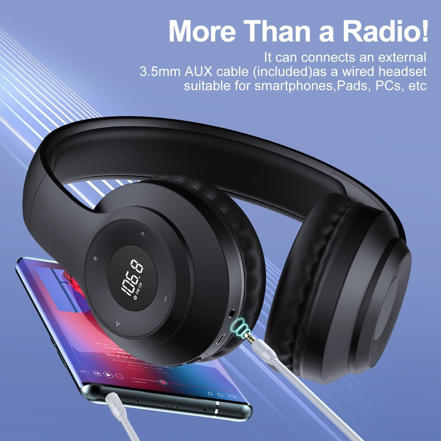 Rechargeable Portable FM Radio Headphones - High Sensitivity Reception, LED Display, Soft Ear Cushions, for Meetings, Work, Hiking, and Jogging