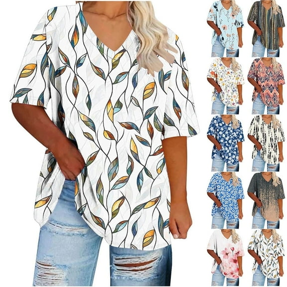 YOTAMI Women's Plus Size Tops Short Sleeve Floral Graphic T-Shirts V-Neck Summer Tops Trendy Casual Blouses