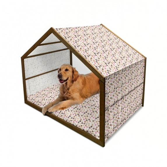 Food Pet House, Donuts and Little Hearts Pattern Colorful Yummy Delicious Desserts Print, Outdoor & Indoor Portable Dog Kennel with Pillow and Cover, 5 Sizes, Pink Brown, by Ambesonne