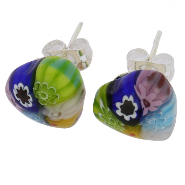 Orecchini A Bottone In Vetro Di Murano Millefiori, Forma A Cuore, Con Certificato Di Autenticità - 2