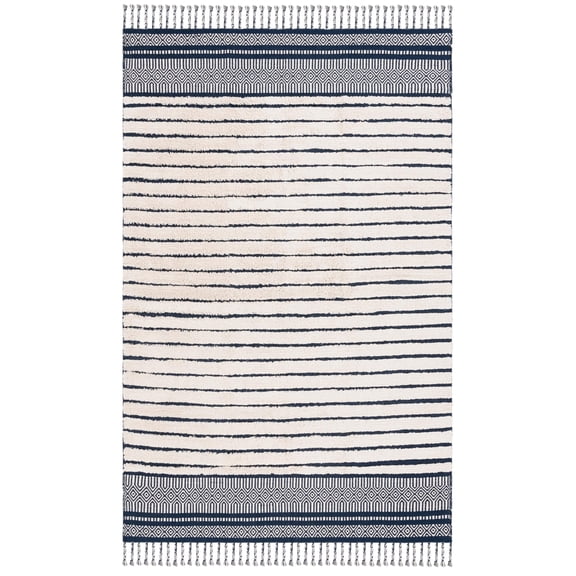 SAFAVIEH Kilim Collection Area Rug - 6' Square, Navy & Natural, Boho Stripe Braided Tassel Design, Handmade Cotton, Ideal for The Living Room, Bedroom, Dining Room KLC401N-6SQ
