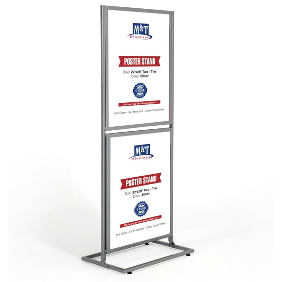 M&T Displays Metal Eco Info Board, Silver 22x28 Inches Slide-In Poster Sign Holder 2 Tier Double Sided Floor Standing Pedestal Advertising Display with Backing and Anti-Glare Lens