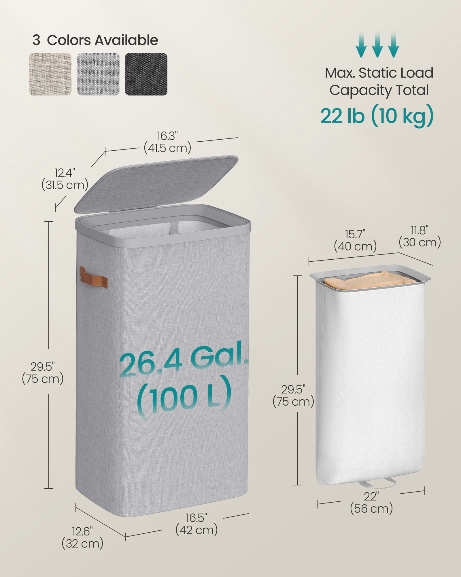 SONGMICS Laundry Basket, 26.4 Gal. Laundry Hamper, Easy Assembly, with Lid and Handles, Removable Liner, 16.5 x 12.6 x 29.5 Inches, Dove Gray