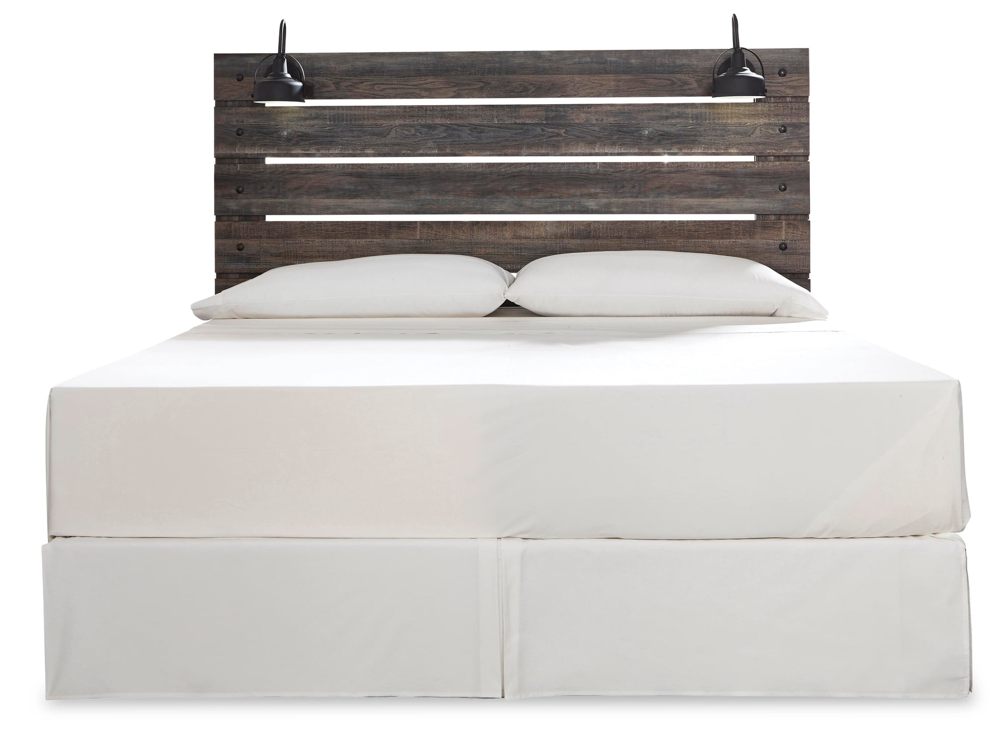 Signature Design by Ashley Drystan King Panel Headboard, Rustic Brown, Industrial Farmhouse Headboard with LED Lights and USB Charging