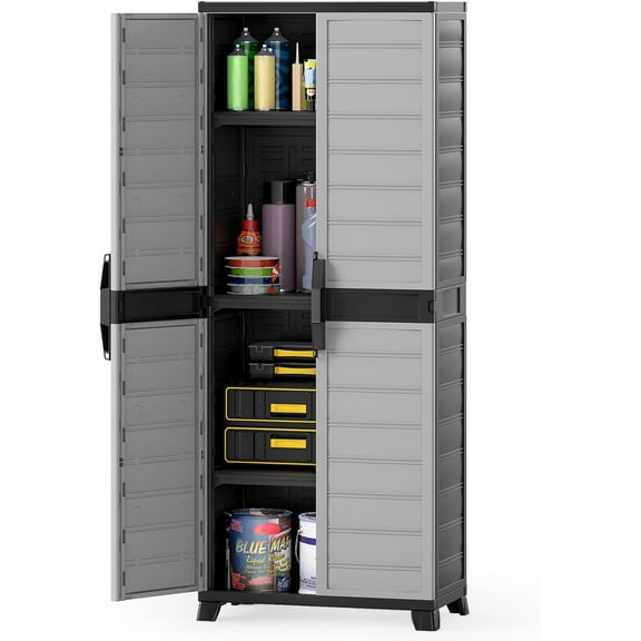 LOKO 68” Plastic Storage Cabinet, Vertical Storage Shelving Unit with Lockable Double Doors & Adjustable Shelves, Utility PP Garage Storage Organizer for Office, Basement and Laundry Room, Grey