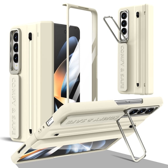 LHNUNP for Samsung Galaxy Z Fold 4 Case with S Pen Holder & Kickstand, Full Body Shockproof Cover with Lens Protector, Apricot