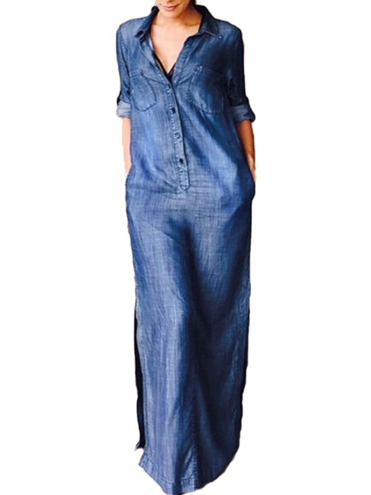Womens Long Sleeve Button Up Maxi Denim 