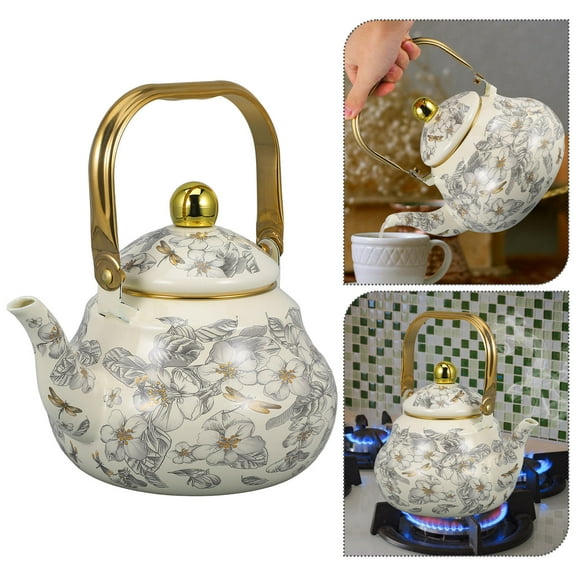 SOPOTUTU 2.1 Quart Vintage Enamel Tea Kettle with Porcelain Handle, Floral Design, Stovetop Safe, Home Kitchen Decor