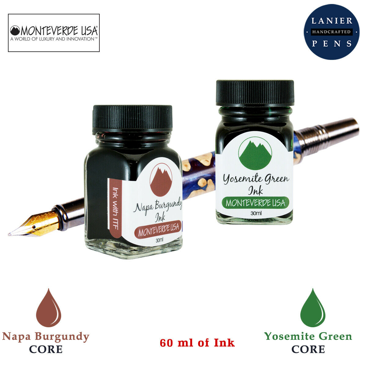 Monteverde 60ml Core Fountain Pen Ink Bottle (30ml Napa Burgundy Ink Bottle G309NB, 30ml Yosemite Green Ink Bottle G309YG)