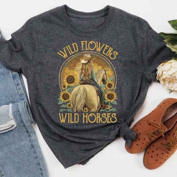 Tee Clo Wild Horses And Flowers T-Shirt Cowgirl Sunflower Western Graphic Tee, Full Size S-5XL