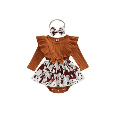 

Fayueye Baby Girls Romper Set Long Sleeve Crew Neck Printed Patchwork Romper with Hairband