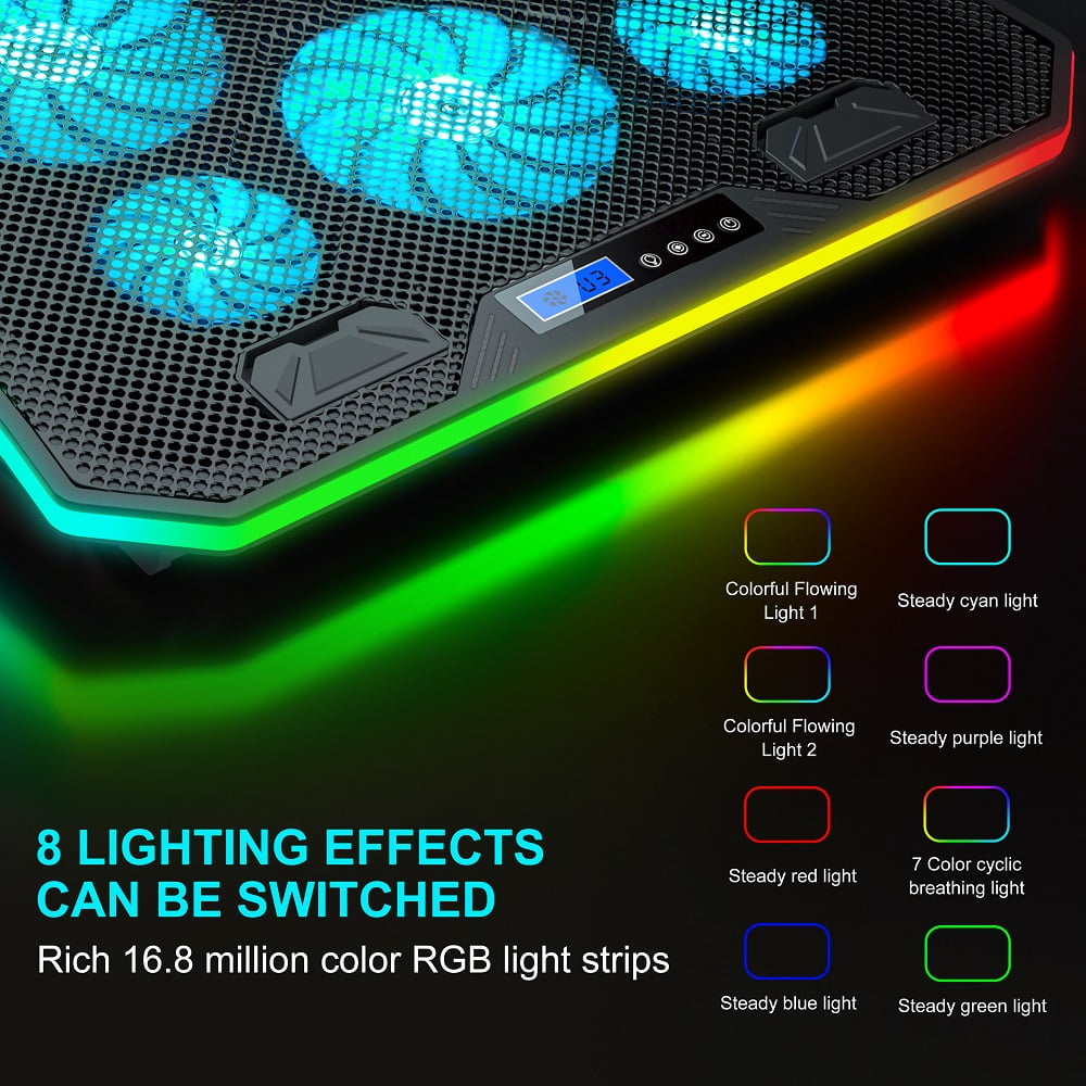 TopMate C12 Laptop Cooling Pad RGB Gaming Notebook Cooler for Desk and Lap Use, Laptop Fan Stand 8 Adjustable Heights with 6 Quiet Fans and Phone Holder, for 15.6-17.3 Inch Laptops-Ice Blue LED Light