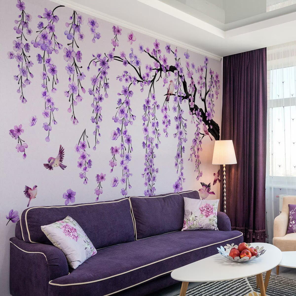 Large Tree Sticker purple Hanging Plants Wall Sticker Birds Flower Branches Wall Art Decals Transparent Wall Murals Peel and Stick Nature for Living Room Bedroom TV Wall glass dec