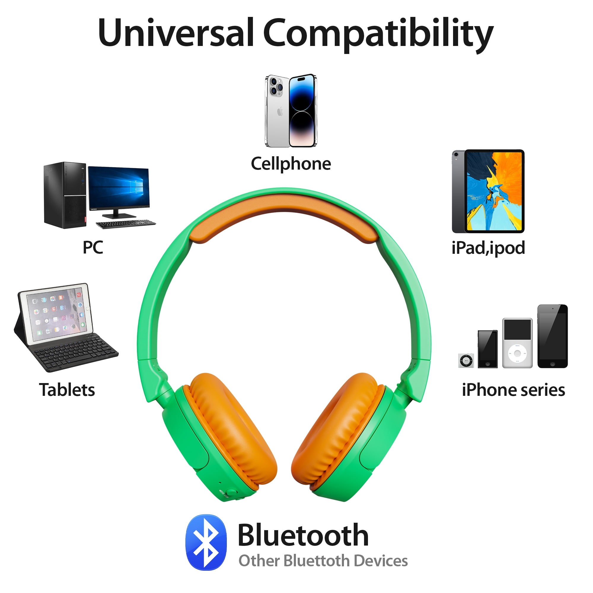 Contixo KB-5 Wireless Kids Headphones, Over-Ear Foldable Bluetooth Headset with 85dB Volume Limit, Green/Orange