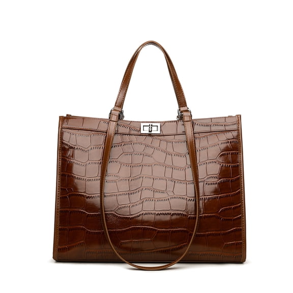 Genuine Cowhide Women Tote Bag, Glossy Crocodile Embossed Shoulder Purse for Work