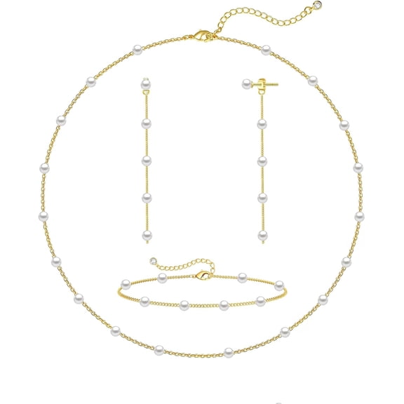 3pcs Gold Pearl Necklace for Women, Dainty 14K Gold/Silve Plated Layered Pearl Choker Pearl Earrings Pearl Bracelets Wedding Trendy Gold Jewelry Set