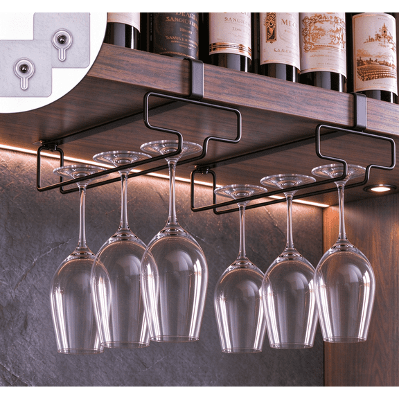 Yalumo 2 Pcs Wine Glass Holder Under Cabinet, 10 Inch Hanging Wine Glass Stemware Rack Under Shelf, Glasses Storage Hanger Metal Organizer for Kitchen Bar (For Partition Thickness under 0.98")
