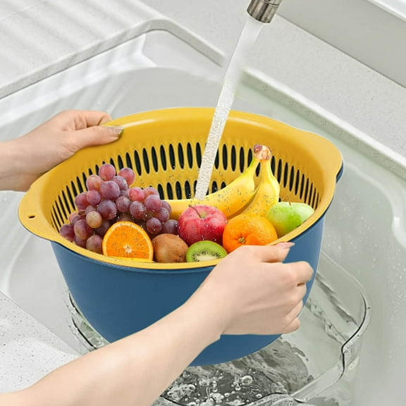 Zenithome Double Layer Vegetable & Fruit Washing Basket with Drain Holes, Multi-Purpose Kitchen Colander, Plastic Storage Bowl for Food Prep, Home Cooking Helper