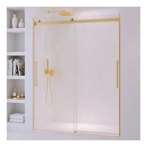 Stellar Series 57 to 60 in. x 76 in. Sliding Bypass Frameless Shower Door in Brushed Gold with Tsunami Guard Tempered Glass
