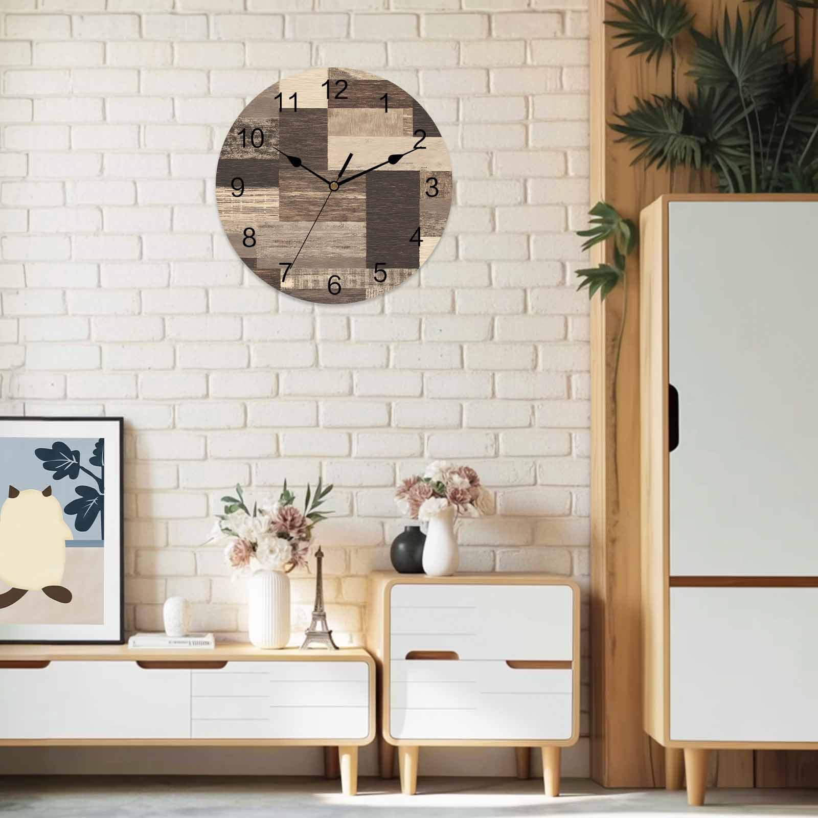 Wall Clock Rustic Brown Wood Plank Clocks PVC Silent Non-Ticking Battery Operated Decorative Farmhouse Collage Block Round Clock for Home Living Room Kitchen Bedroom Office School Wall Decor 14 Inch