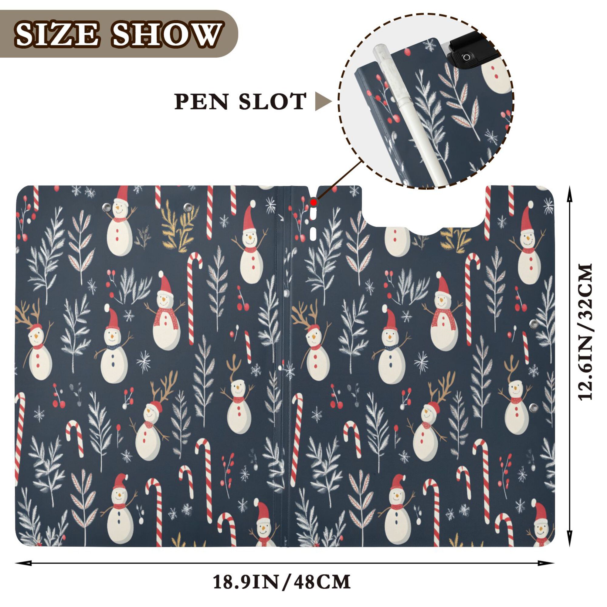 FORMRS A4 Clipboard Folder with Pen Holder Horizontal Foldable School Office Binder, Jolly Snowman
