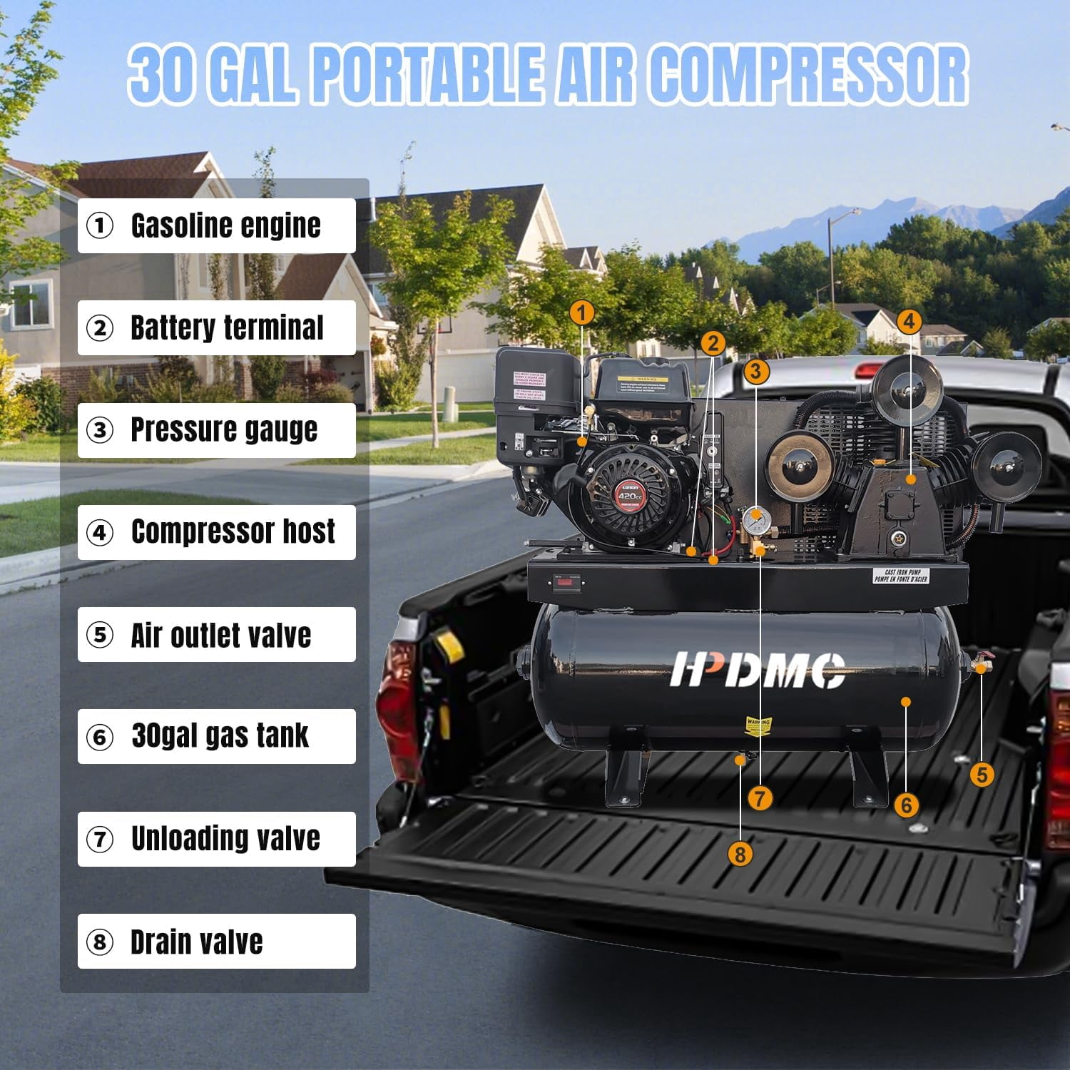 HPDMC 13HP Gas Powered Air Compressor - 35CFM 125PSI 3-Cylinder Piston Pump - 30 Gal ASME Tank - Electric Start Gas Air Compressor for Workshop, Construction & Farm - Heavy Duty Portable