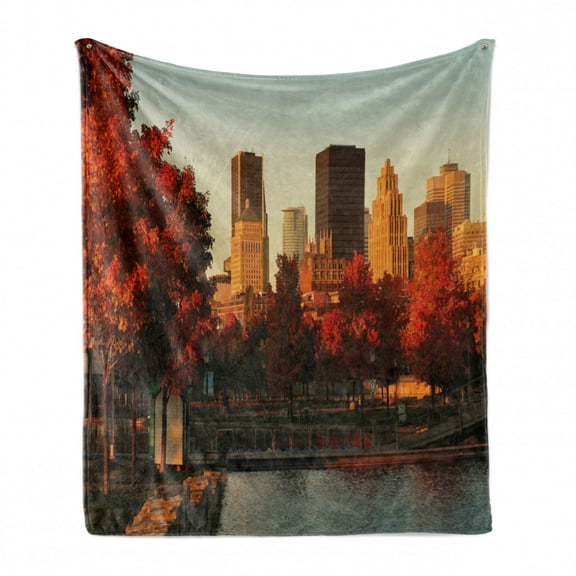 City Soft Flannel Fleece Blanket, Old Port of Montreal Early in the Morning Scenic Autumn Trees Buildings Canada, Cozy Plush for Indoor and Outdoor Use, 70" x 90", Red Orange Brown, by Ambesonne