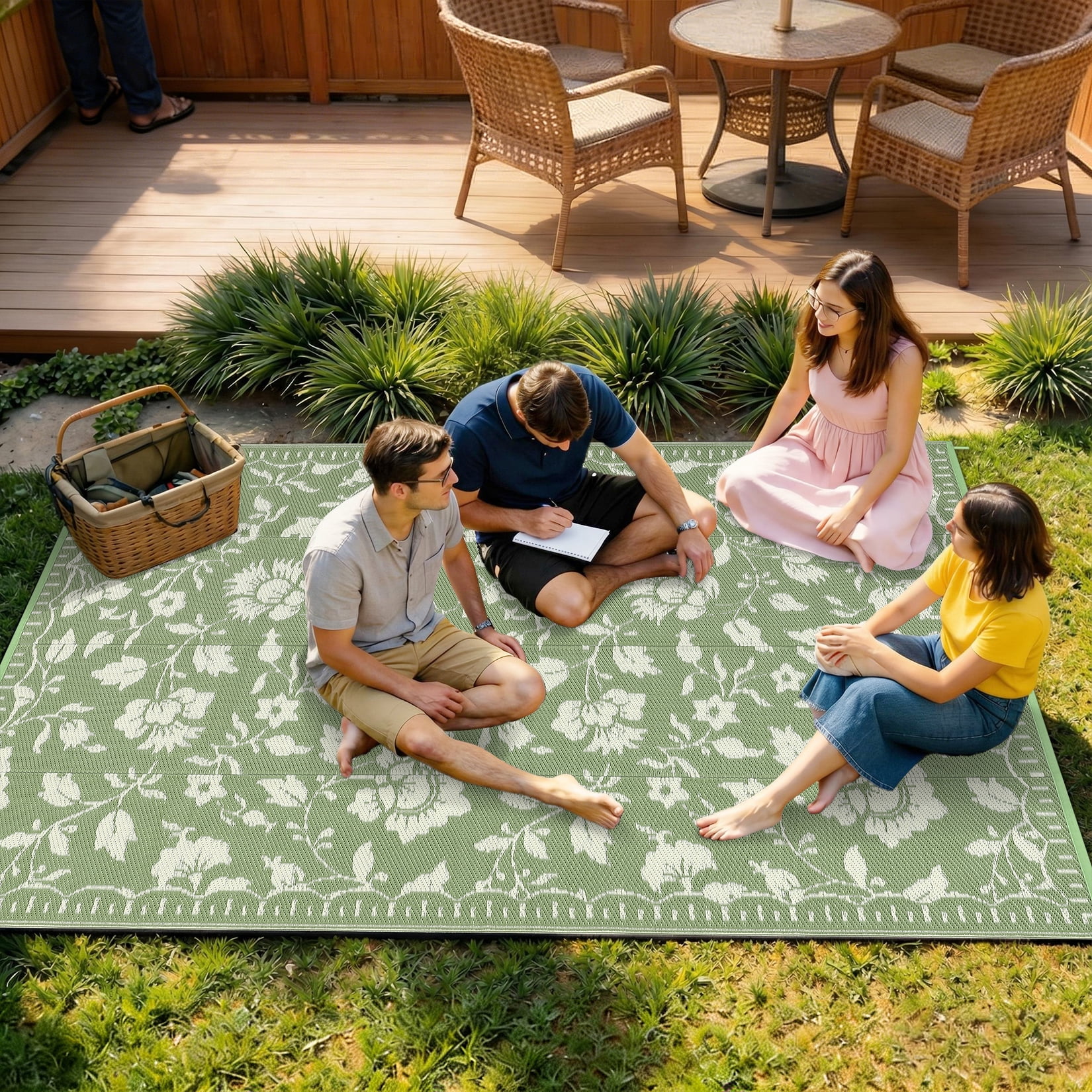 Nanan 8'x10' Outdoor Rug Plastic Straw Patio Rug, Floral Waterproof Reversible Mat for Balcony, Camping, Picnic, Beach, RV, Porch, Gray Green