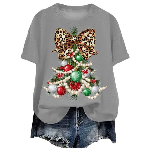 larppty Women's T Shirts Short Sleeve Tees Xmas Tree Bow Graphic Loose Holiday Tops (Grey, M)
