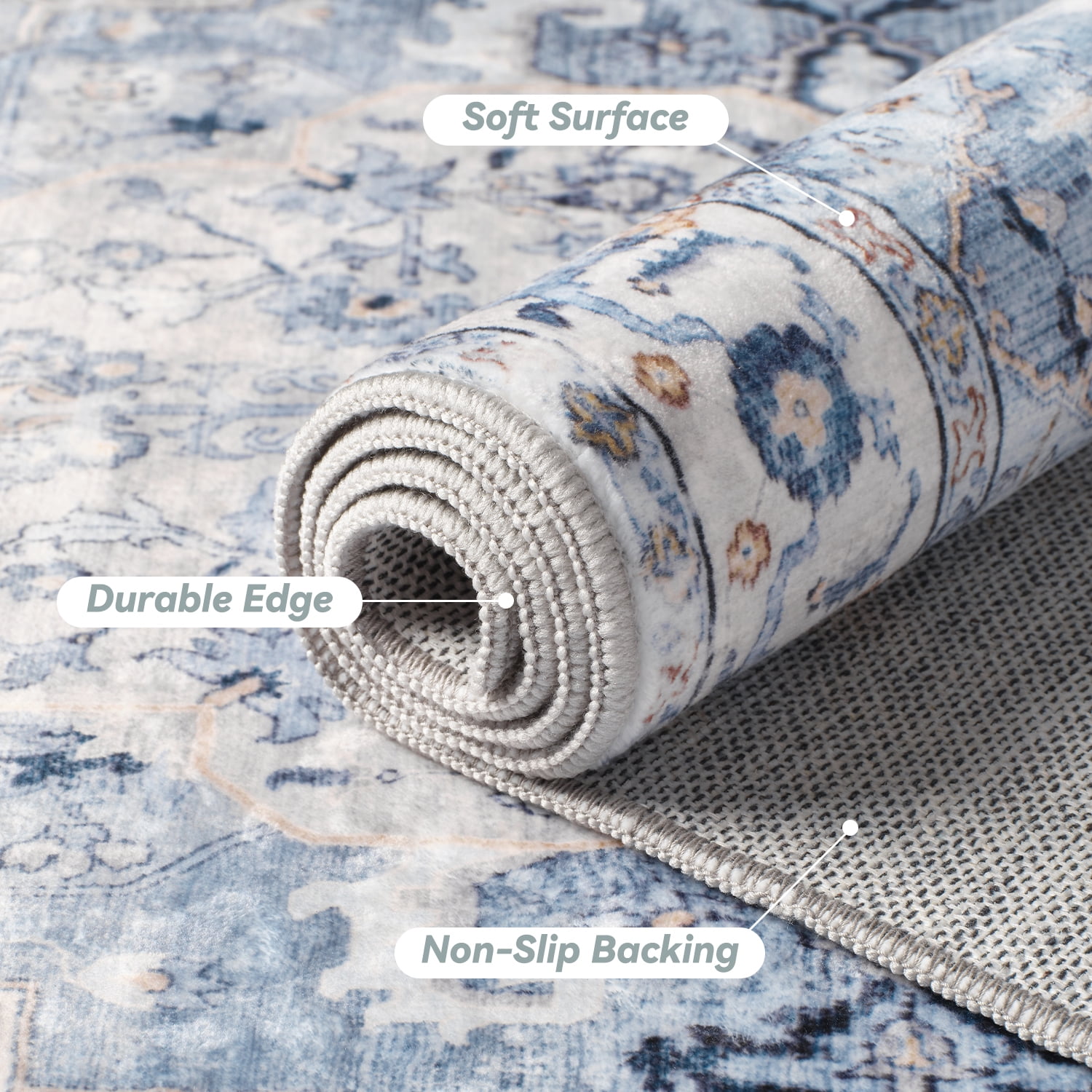 VUNATE 9'x12' Area Rugs for Living Room Washable Rugs Floral Vintage Area Rug Boho Indoor Carpet Soft Rugs for Bedroom Office Dining Room Kitchen Accent Rug Contemporary Home Decor Blue