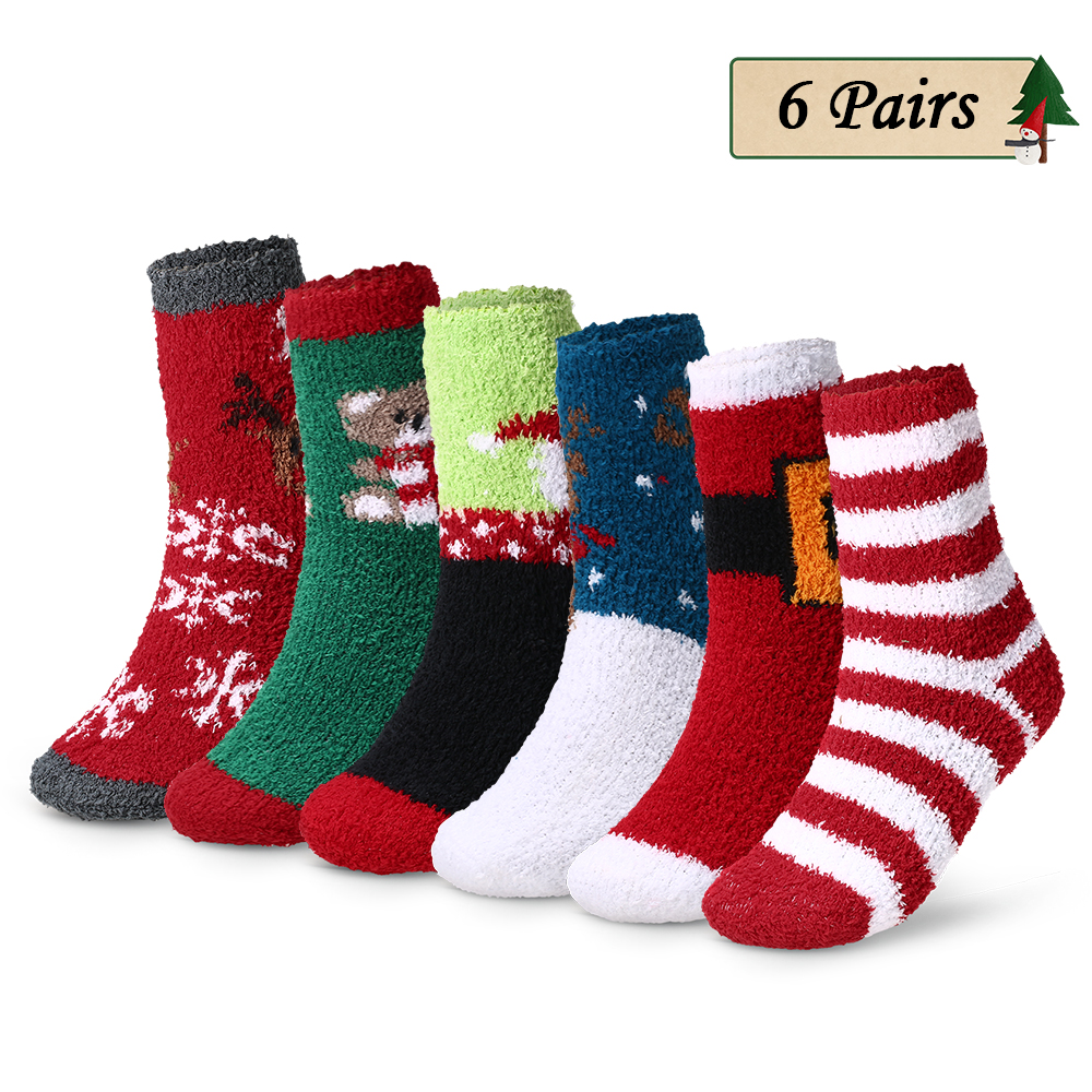 6 Pairs Christmas Holiday Socks Adults Winter Cozy Socks Patterned High Tube Crew Socks Women 