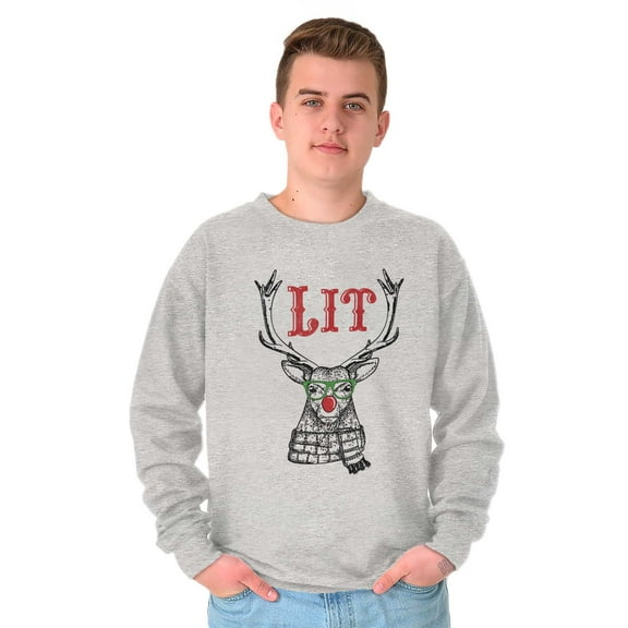 Funny Christmas Hipster Reindeer Lit Unisex Plus Fleece Graphic Sweatshirt Brisco Brands 2X