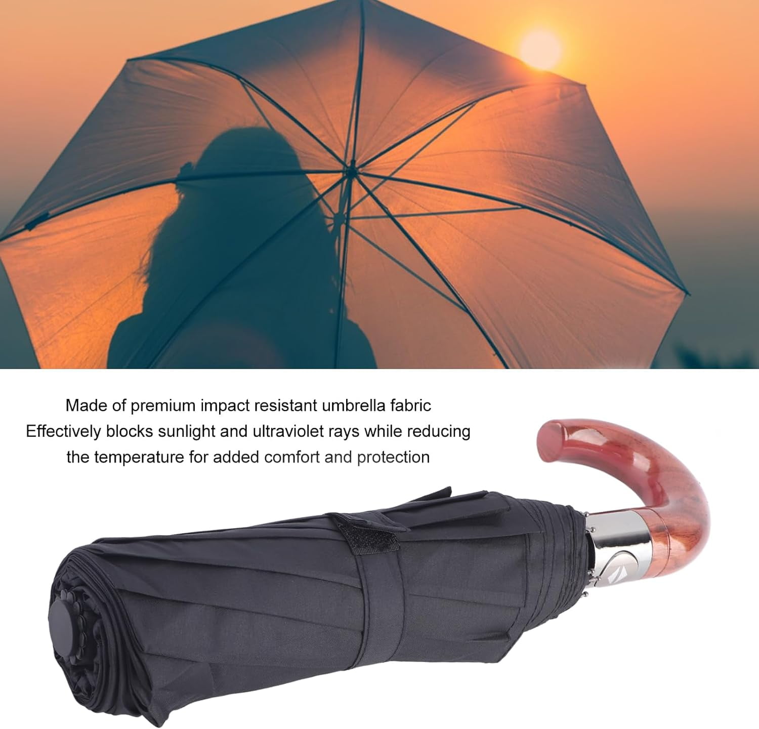 LUU-Travel Umbrella, Auto Open Close Mini Umbrella, Automatic Folding Umbrella with Curved Wooden Handle, Compact Umbrella for Outdoor_SAI