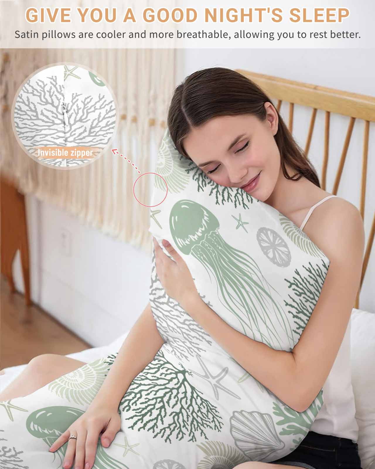 Sage Green Coastal Pillow Cases Body Size, Smooth Satin Pillowcase for Hair and Skin, Coral Jellyfish Nautical Decorative Cooling Bed Pillow Covers with Zipper, 20x54 Inches