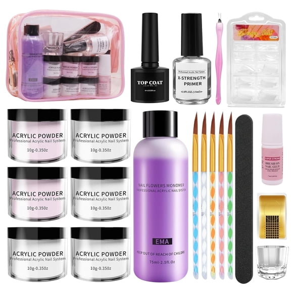 Beginner Acrylic Nail Kit - Complete Set with Clear/White/Pink Powder, Liquid & Activator, Brushes, Tips & Manicure Tools for Home Salon & DIY (Pink Gift Bag)