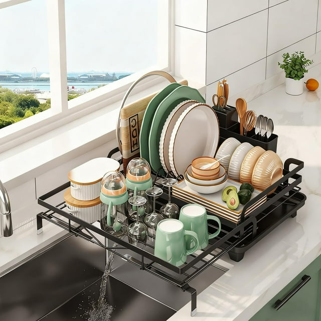 Escurridor de Trastes Extensible, Escurridor de Platos y Trastes de Acero Inoxidable para Encimera de Cocina, con Drenaje Automático, Estantes Fregadero de Cocina, Adecuado para Familias Pequeñas
