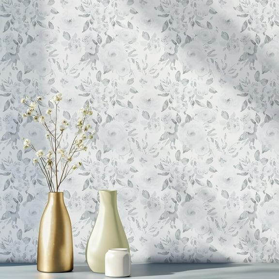 AUR Floral Wall Paper, 17.3" x 118.1" Grey Rose Peel and Stick Wallpaper, Removable Rose Floral Contact Paper for Bedroom, Bathroom, Cabinets, Home Decor