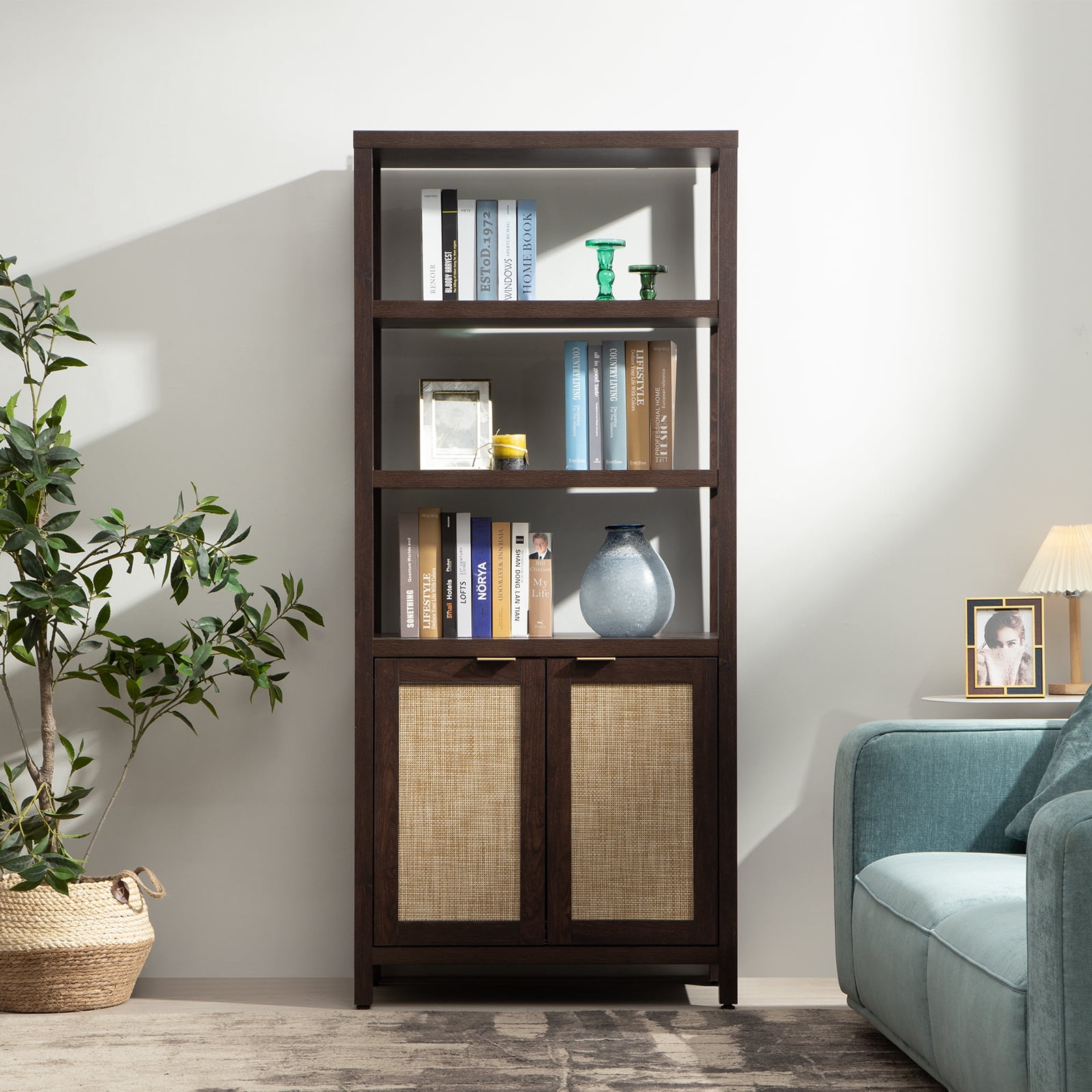 SICOTAS 5 Tier Bookshelf Farmhouse 5 Shelf Bookcase with Doors