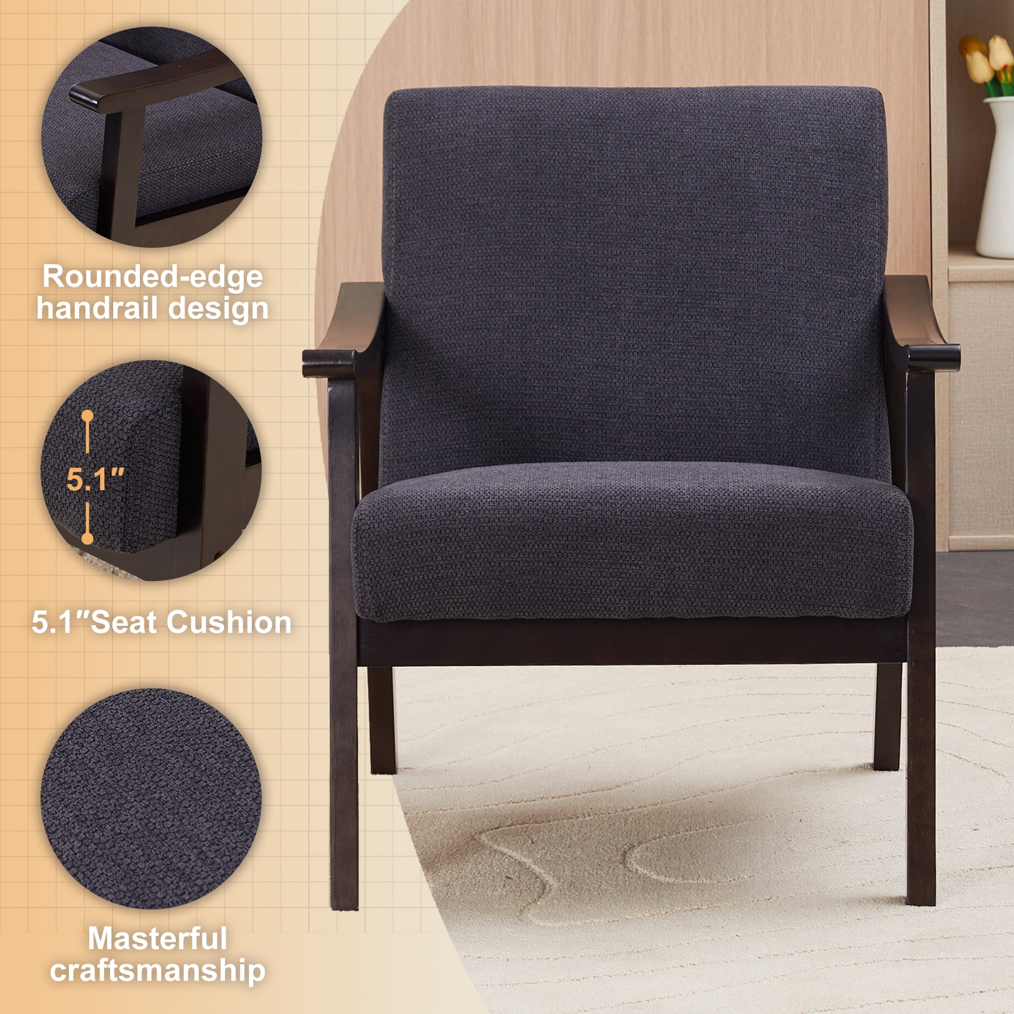HOQBN Modern Armchair with High Back,Upholstered Living Room Chairs with Solid Wood Legs,Leisure Reading Chair for Living Room, Bedroom,Black