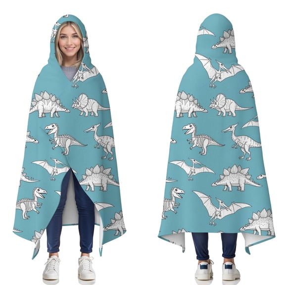 Wearable Blanket,Blue Dinosaurs Skeletons Pterosaurs Pattern Hooded Wearable Flannel Blanket for Adults & Teens,Winter Poncho Shawl Wrap Cape Cozy Anti-Pill,50"x60"